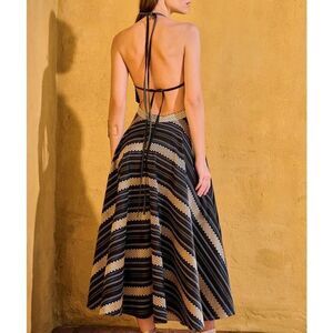 LACE the Label Black gold jacquard Midi Halter Dress Vacation size S NWT$590